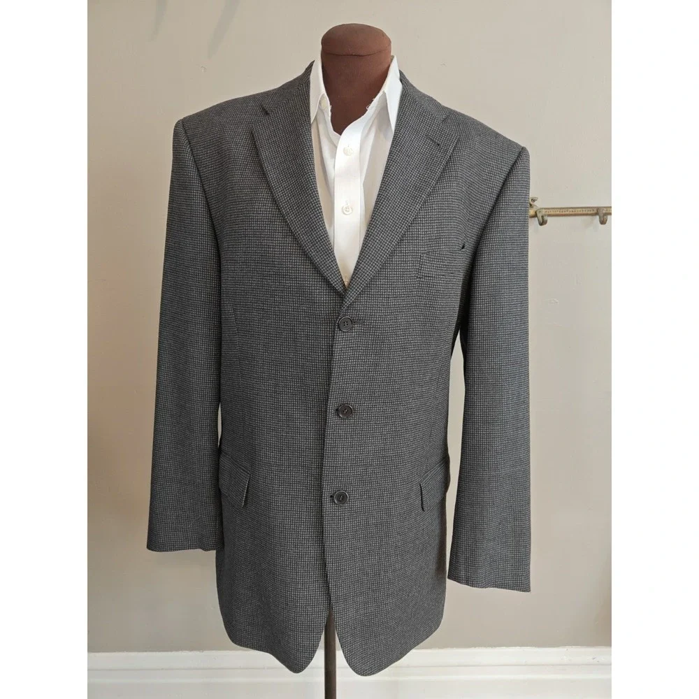 Altieri Mens Wool Sport Coat 44L Gray Check 3 Button Blazer Made in Italy